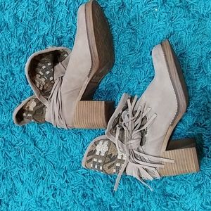 MTNG Taupe Suede Fringe Ankle Boots with Patterned Cuff
